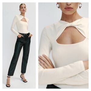 Reformation Rylen Cream Long Sleeve Cutout Bodysuit XS Knit Twist Neck